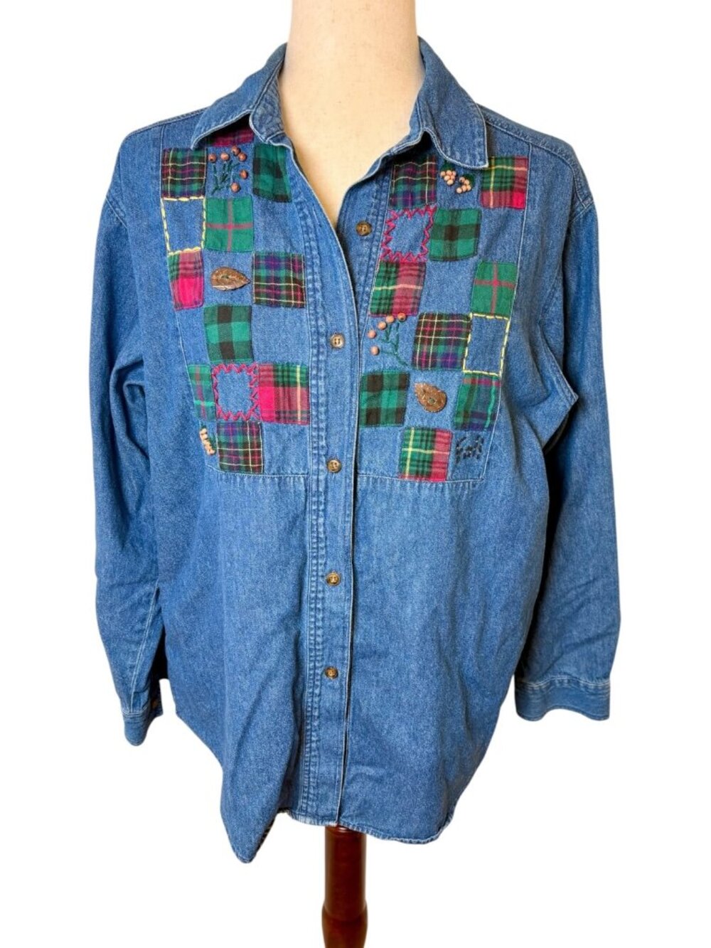 Vintage 90s Susan Bristol Denim Plaid Patchwork Shirt Jacket  Cottagecore Large